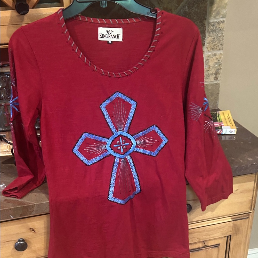 King Ranch Red Women's Top with Blue Embroidery